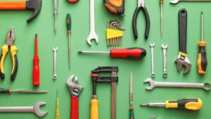 Plusieurs outils éparpillé sur un fond vert