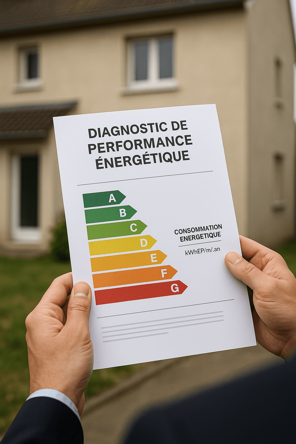 Un particulier tenant un DPE avec échelle énergétique de A à G, devant une maison résidentielle